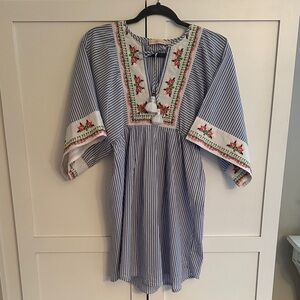 TORY BURCH STRIPED EMBROIDERED COTTON BEACH COVER-UP.